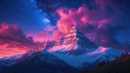 Majestic Mountain Peak Under Vibrant Twilight Sky with Stars and Colorful Clouds