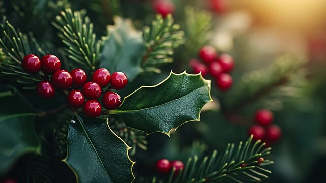 holly berries, bright green leaves, and a spruce branch arranged together, creating a classic winter holiday vibe.