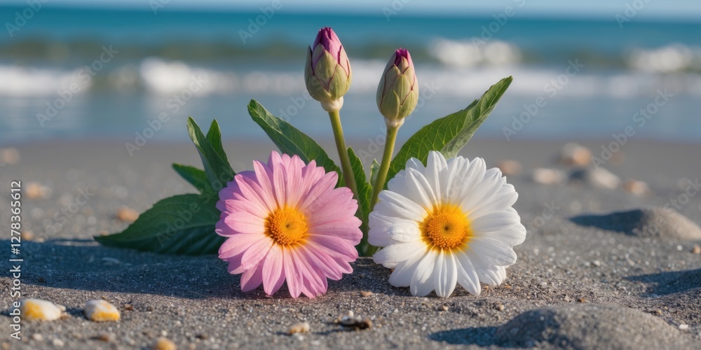 Poster two colorful flowers on a beach with buds and empty space for text or message in a serene coastal se