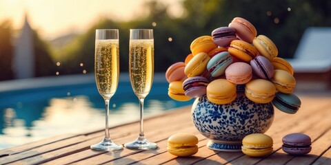 Elegant champagne glasses with a colorful macaron display near a pool, inviting ambiance with empty text space for events or celebrations.