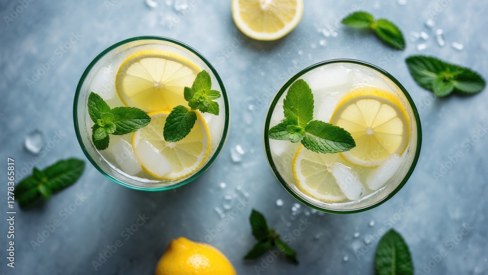 Poster refreshing lemonade with mint served in glasses over ice on a light background with slices of lemon 