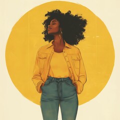 Minimalist portrait of a confident African-American woman with a beaming smile, bold yet soft paper cut-style with earthy pastel tones for empowerment themes