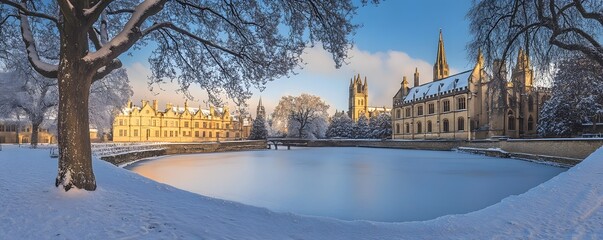 A tranquil winter scene at Oxford University, with snow covering the ground and the university’s historic buildings emerging through the frost