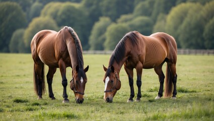 Obraz premium Horses Feeding Together in Lush Green Meadow Surrounded by Trees Under Bright Daylight