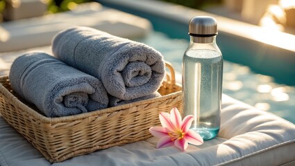 Relaxing Poolside Scene with Gray Hand Towels in Wicker Basket and Glass Water Bottle with Pink Flower Decoration and Copy Space for Text