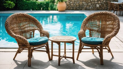 Fototapeta premium Relaxing Atmosphere with Wicker Chairs and Table by Sparkling Swimming Pool in Outdoor Scenic Setting