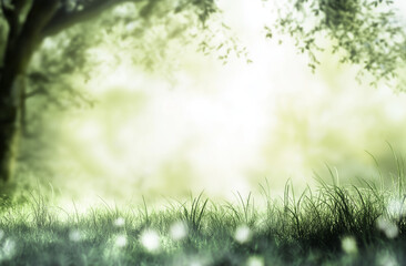 Obraz premium Blurred Green Grass Background with Sun Rays – Natural Eco-Friendly Backdrop for Environmental, Ecology, and Earth Day Concepts