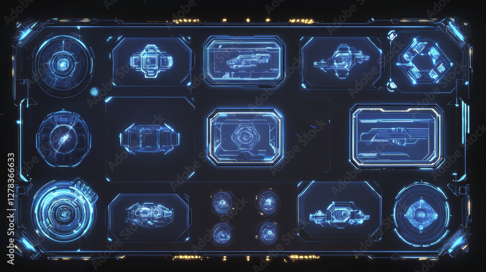 Poster futuristic blue frames with neon glowing tech elements on black backdrop. various geometric shapes -