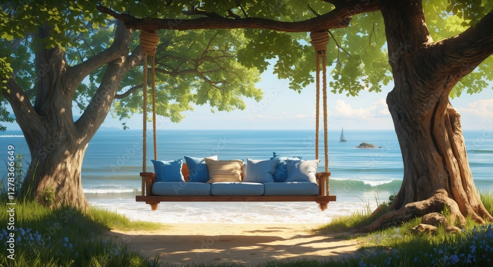 Poster tranquil seaside swing nestled under trees with soft cushions overlooking serene ocean view
