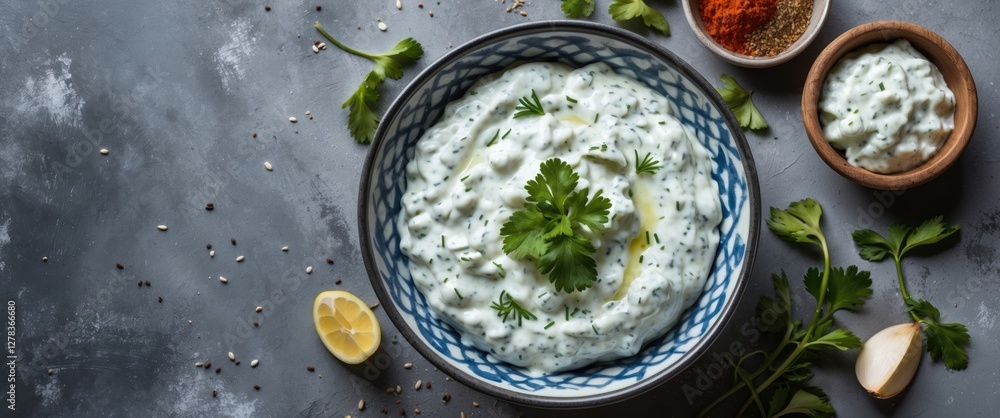 Poster creamy tzatziki sauce in bowl surrounded by fresh ingredients and spices on rustic gray background t