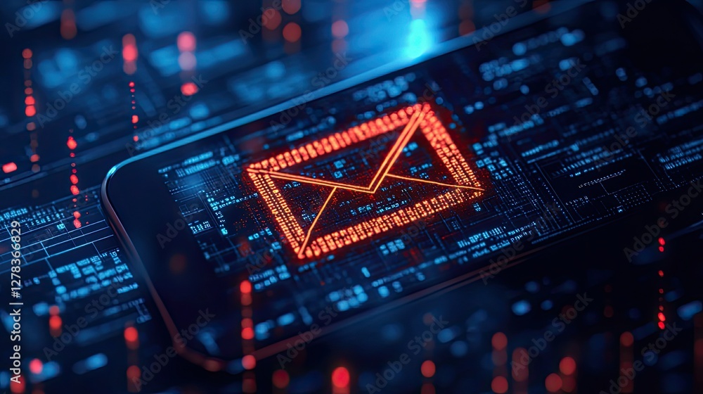 Poster smartphone screen showing an urgent phishing email with a red warning icon on a digital interface