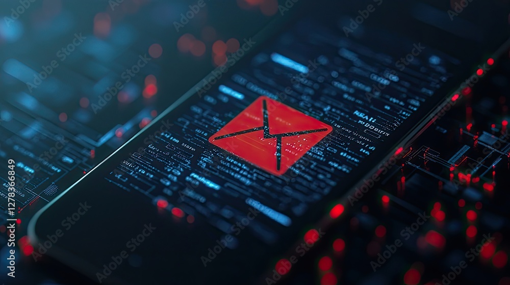 Poster smartphone screen showing an urgent phishing email with a red warning icon on a digital interface