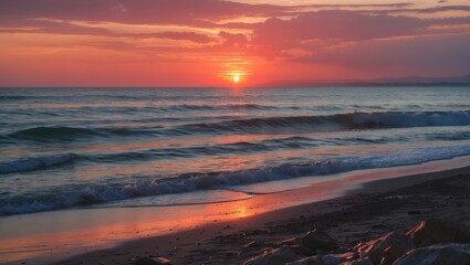 Serene Seaside Sunset with Vibrant Colors and Gentle Waves at Dusk