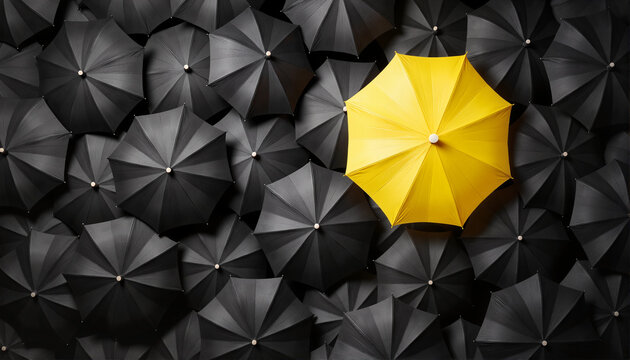 Yellow umbrella standing out among black umbrellas for blogs, websites, design projects, marketing materials, educational content, presentations, and creative illustrations