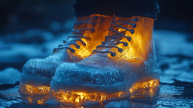 Surreal and abstract image of glowing ice boots symbolizing the urgent need to mobilize against global warming and climate change, blending symbolism with striking, icy elements in a creative capture