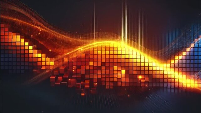 Glowing orange and yellow pixel gradient creating a vibrant, warm, and dynamic abstract digital background.
