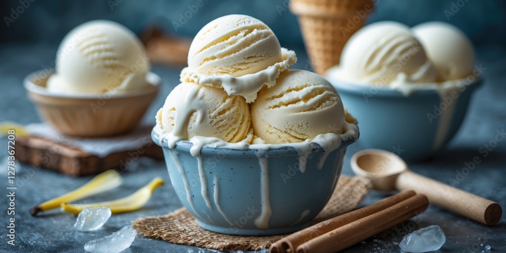Poster vanilla ice cream scoop served in a bowl with melting creamy texture and empty space for text in a r