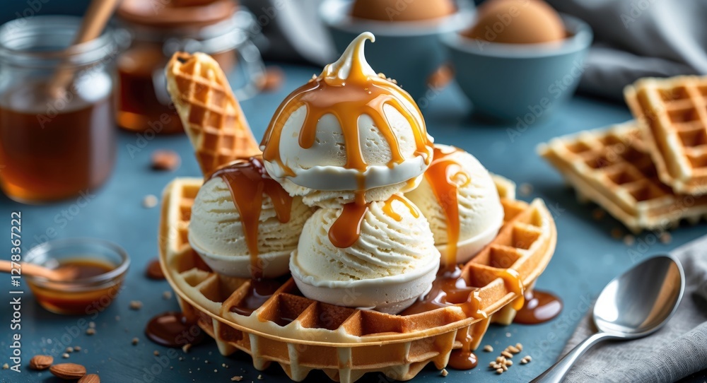 Poster delicious vanilla ice cream with caramel sauce nestled in a waffle basket surrounded by empty space 