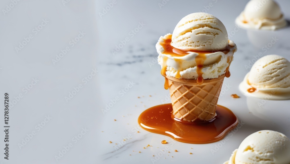 Poster delicious vanilla ice cream cone topped with melted caramel sauce on marble surface with dripping sa