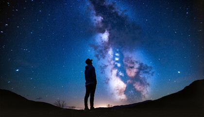 Fototapeta premium Person gazing at stars under a night sky for blogs, websites, travel articles, astronomy content, inspirational quotes, and educational purposes