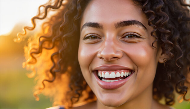 Smiling woman with curly hair enjoying a sunny day outdoors for blogs, websites, social media, lifestyle articles, wellness promotions, travel content, and digital marketing materials