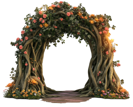 grand enchanted forest entrance made of intertwining roots and vibrant flowers, creating magical atmosphere. Perfect for fantasy settings