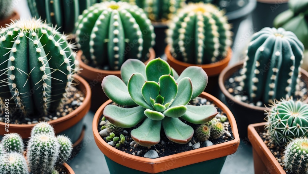 Poster diverse collection of cacti and succulents in decorative pots with natural textures and colors, feat