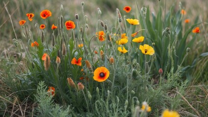 Colorful Wildflowers in Conservation Area Featuring Corn Marigold and Poppies Growing Naturally Amongst Green Grass and Foliage.