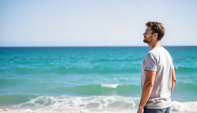 Man enjoying a moment of tranquility by the ocean for blogs, wellness websites, travel promotions, personal reflection articles, and coastal lifestyle content