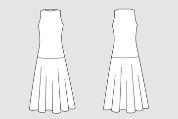 Female dress vector template isolated on a grey background. Front and back view. Outline fashion technical sketch of clothes model