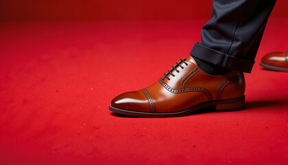 Elegant brown dress shoe against a red background for fashion blogs, websites, online shoe stores, marketing materials, and style presentations