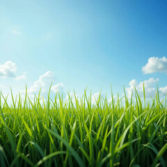 Fototapeta premium Vibrant fresh green grass stretching toward a clear blue sky, creating a refreshing, serene, and natural.