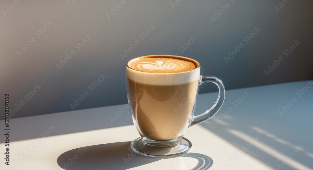 Poster vegan coffee latte in a clear mug with artistic foam design casting a shadow on a bright table surfa