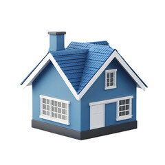 Blue Cottage House with Roof and Chimney in Countryside Environment