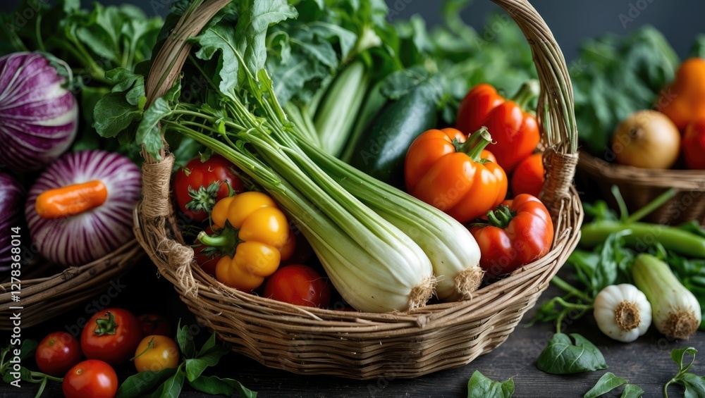 Poster fresh organic vegetables in baskets with abundant greenery and blank space for custom text or brandi
