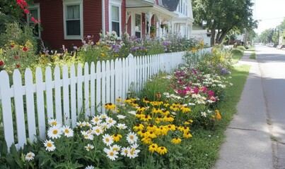 Obraz premium Vibrant Wildflowers Bloom Along White Picket Fence Before Colorful Houses