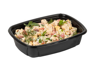 A black plastic container with chicken salad on a white background