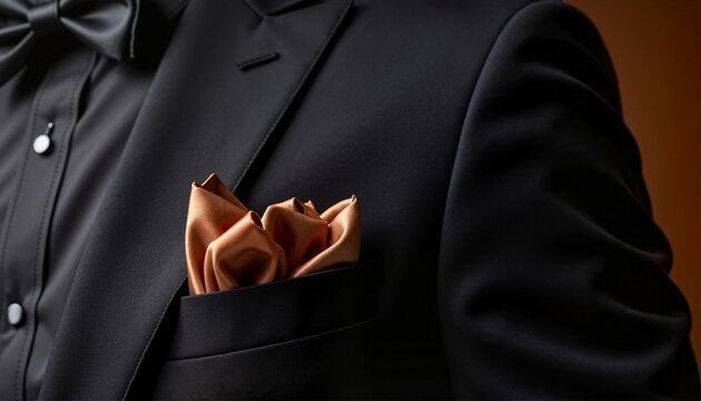 Elegant tuxedo with a stylish pocket square for fashion blogs, websites, formal event invitations, wedding planning, and men's style presentations