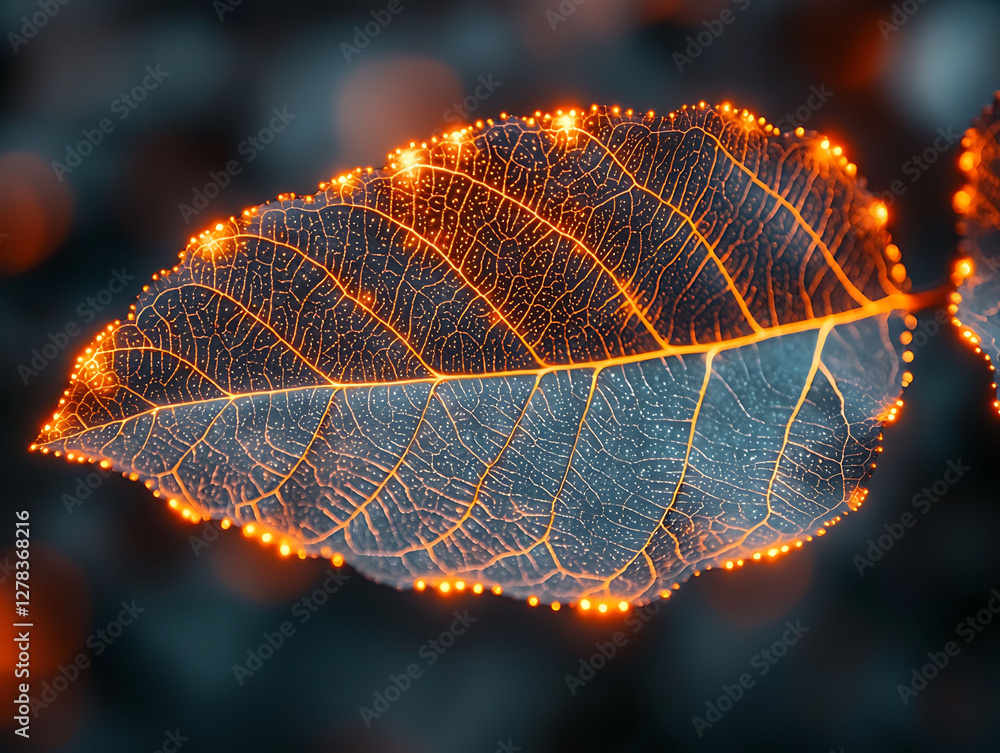 Poster intricate leaf vein structure glows with ethereal, orange light. a captivating macro shot ideal for 
