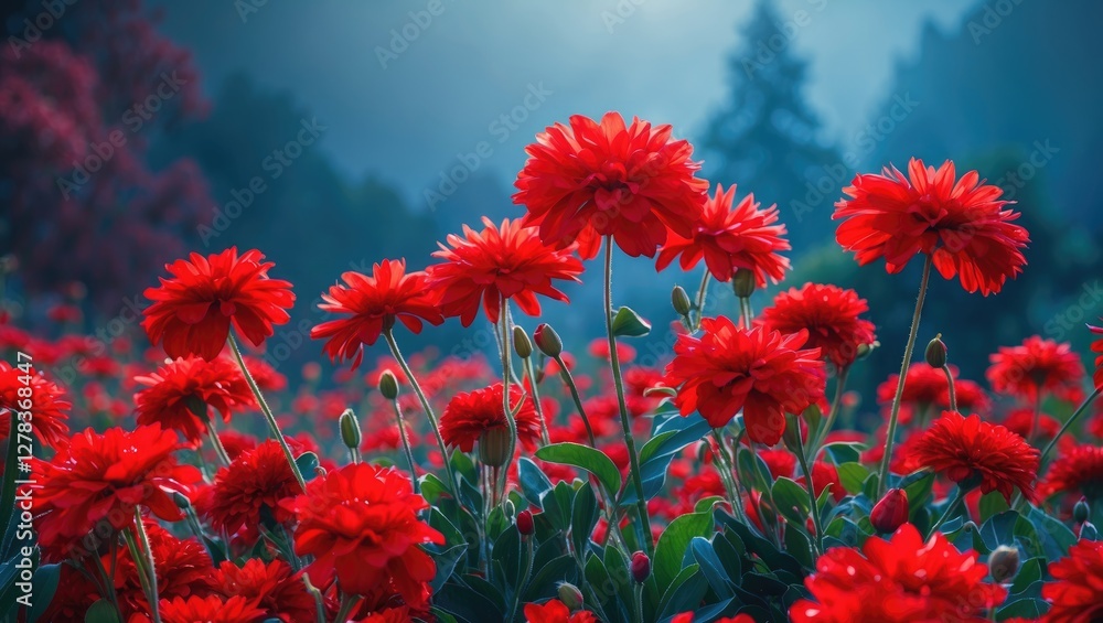 Poster vibrant red flowers in a lush landscape with beautiful bokeh background and ample space for text ove