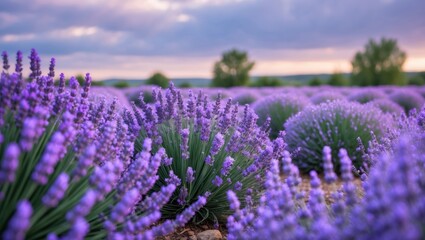 Obraz premium Lavender Field in Bloom with Lush Purple Flowers Under Cloudy Sky Ideal for Nature, Travel, and Floral Themes in Serene Landscape.