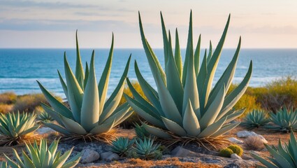 Fototapeta premium Majestic large succulents and aloes against a serene sea background showcasing vibrant greens under a clear sky at sunset.