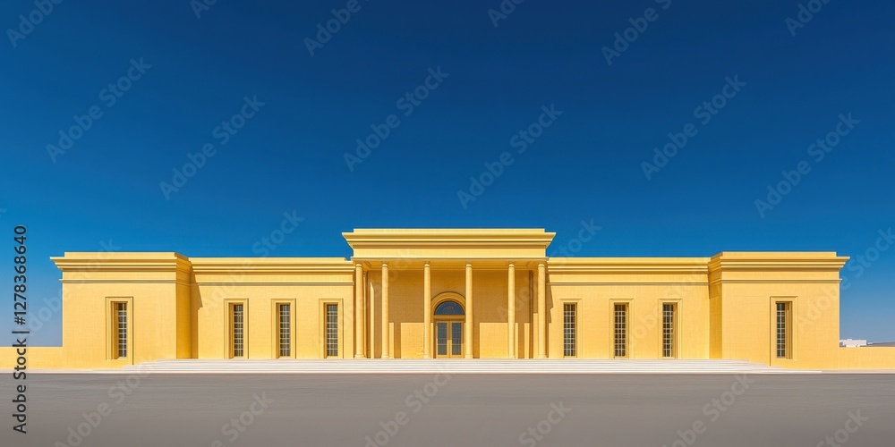 Poster exploring modern architecture desert location building structure clear sky front view visual design