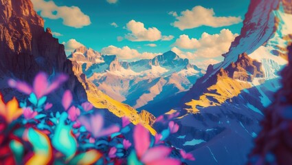 Vibrant Mountain Landscape with Colorful Foliage and Empty Space for Text or Overlay in Nature Background