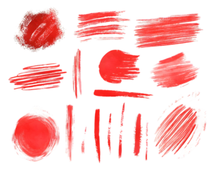 Collection of red watercolor brushstrokes and shapes on transparent background. Ideal for design elements, textures, and artistic projects, PNG