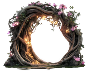 grand enchanted forest entrance made of intertwining roots and flowers, illuminated by soft lights, creating magical atmosphere