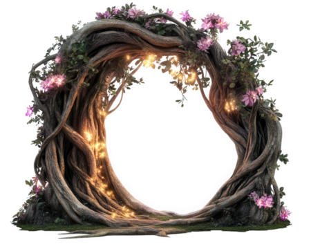 grand enchanted forest entrance made of intertwining roots and flowers, illuminated by soft lights, creating magical atmosphere