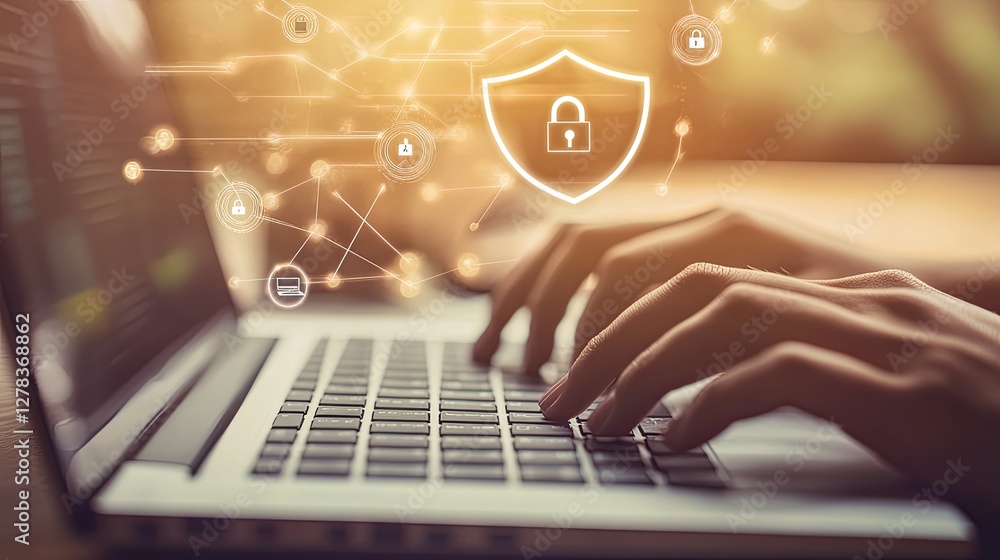 Poster user typing on a laptop with a padlock icon and security shield floating around, symbolizing protect
