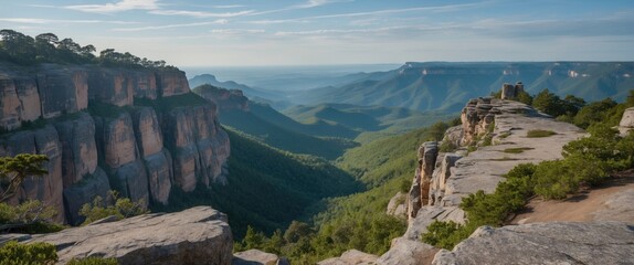 Panoramic Mountain Landscape with Clear Sky and Scenic Overlook Ideal for Text Insertion