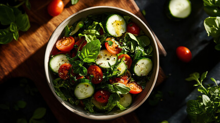 A Vibrant Salad Bowl: A fresh, appetizing salad bursting with color and healthy ingredients. Featuring ripe tomatoes, crisp cucumbers, and vibrant herbs.